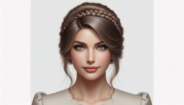 Mujer con cabello medio en un elegante medio recogido con trenza de espiga, versátil para ocasiones casuales y formales.