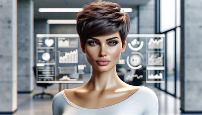 Short hair styles for women: A woman with a chic pixie cut, short sides, longer top layers, enhancing her features, in an urban setting.
