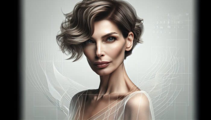 Elegant woman over 50 with a chic, wavy pixie cut, showcasing youthful bounce and confidence.