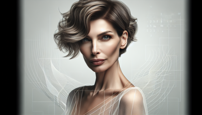 Elegant woman over 50 with a chic, wavy pixie cut, showcasing youthful bounce and confidence.