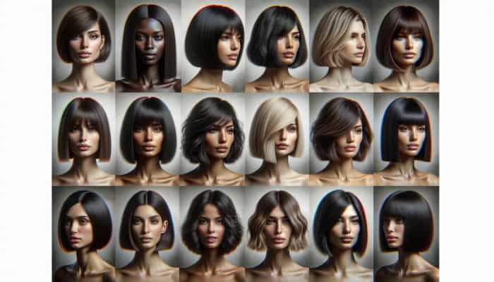 Medium Short Haircuts for Women: A collage showcasing diverse bob haircuts, from classic to modern, styled for various face shapes.