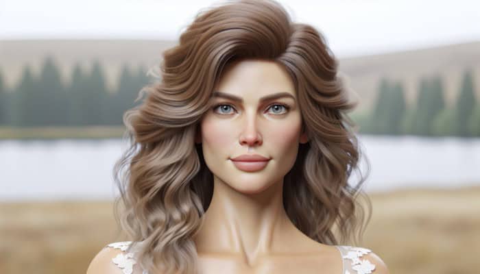 A mother of the bride with a round face, styled in long, layered soft waves for a rustic wedding.