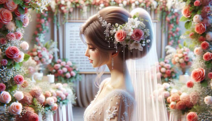 Bride with elegant updo, fresh flowers, long veil, and crystal hairpins in a romantic, floral wedding setting.