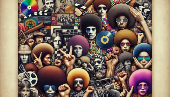 A vibrant collage of 1970s hairstyles with afros, shags, and feathered looks, set against music, film, and protest symbols.