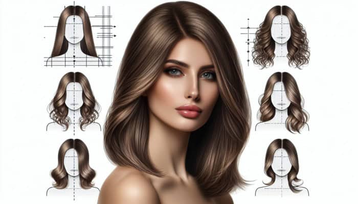 Oval-faced woman showcasing versatile hairstyles: sleek lob, soft layers, and beachy waves.
