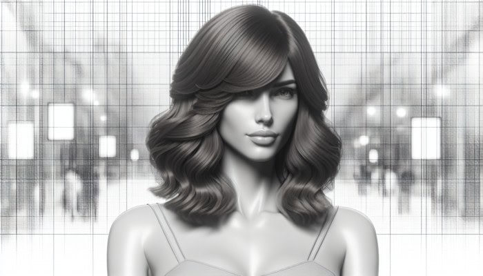 Woman with heart-shaped face, long side-swept bangs, layered lob with soft curls, enhancing elegance and confidence.
