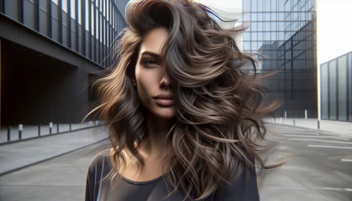 Woman with choppy, cascading layers styled tousled, enhancing volume and movement, harmonizing with face shape.