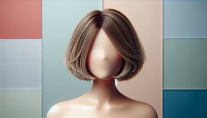 Short Haircuts for Women: Woman with round face and layered bob, styled to elongate face, on pastel background.