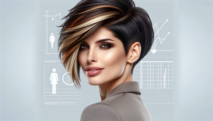 Woman with asymmetrical short haircut, two-tone highlights, sleek and tousled, exuding confidence.