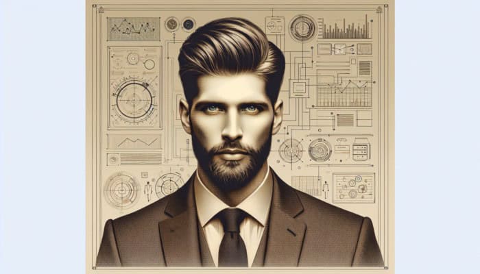 Short Haircuts for Men: Classic crew cut on a man, neat style with a rugged beard, exuding timeless elegance.
