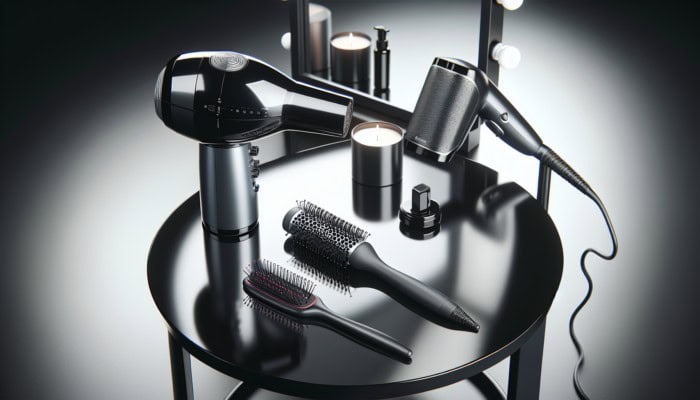 Ionic hairdryer with settings and nozzle, round brush on modern vanity table.