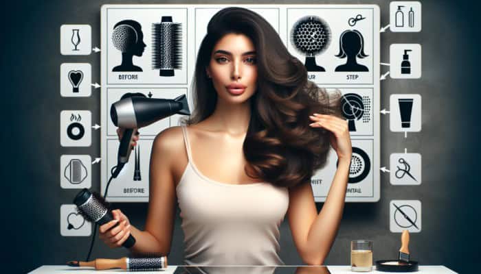 Woman with voluminous blowout hair at home, using hairdryer and round brush, with step-by-step guide in background.