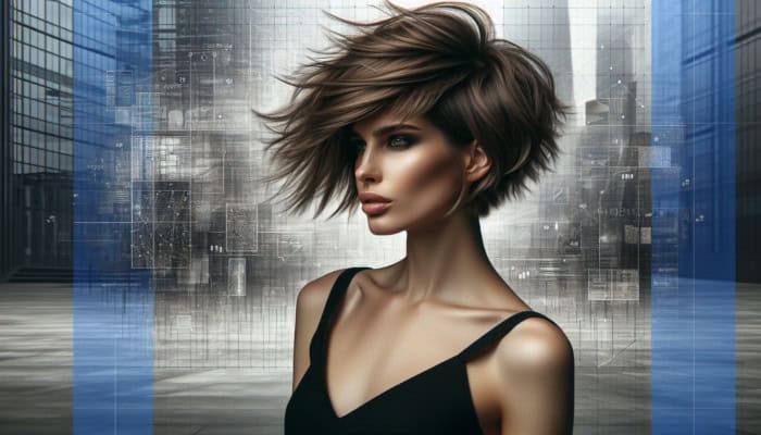 A woman with a trendy, layered short hairstyle, tousled for movement and dimension, styled with texturizing products.