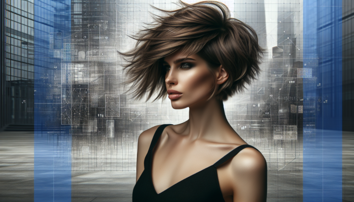 A woman with a trendy, layered short hairstyle, tousled for movement and dimension, styled with texturizing products.
