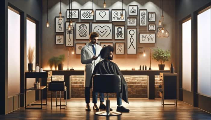 A cozy salon with a stylist consulting a client about a wavy perm, surrounded by positive reviews and photos.