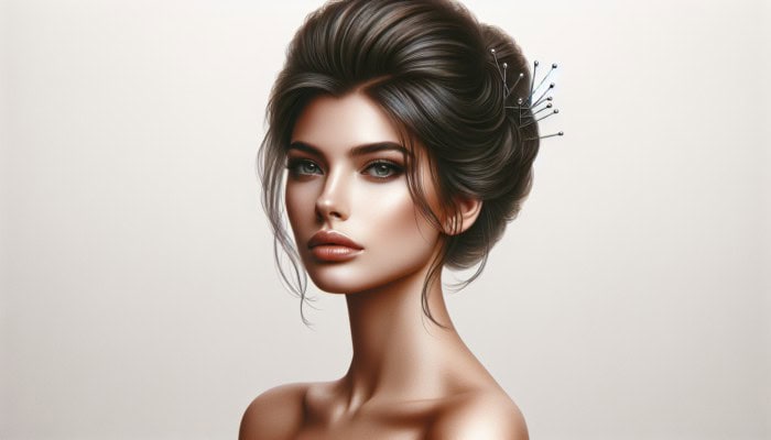 Elegant woman with sophisticated updo, secured by color-matched bobby pins in 'X' formation, finished with strong-hold hairspray.