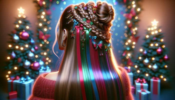 Long hair with half-up style, ribbons, holiday clips, crown braid, metallic threads, festive party setting.