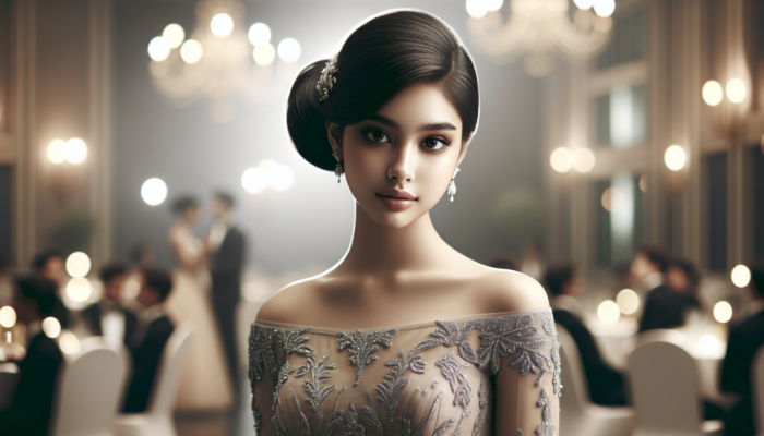 Young woman in elegant chignon hairstyle and chic evening gown at a softly lit prom ballroom.
