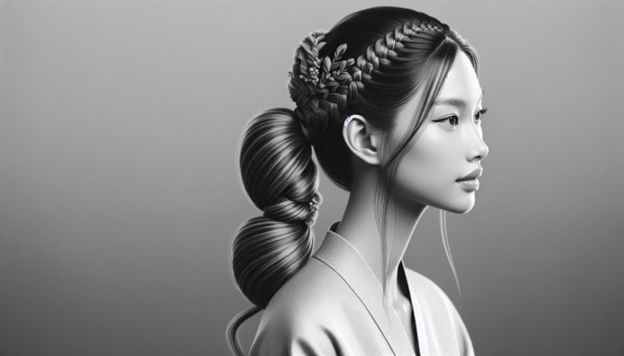 Elegant woman with a high, sleek ponytail, adorned with braids, twists, and soft tendrils.