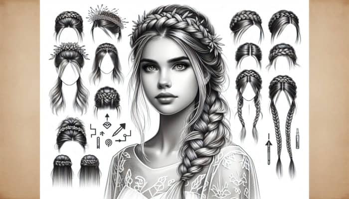 Young woman with half-up half-down hairstyle, intricate braided accents, crown braid, loose messy braids, elegant bohemian prom style.