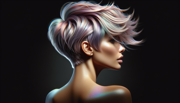 Haircuts for Thin Hair: A chic pixie cut with textured layers and volumising mousse, in vibrant pastel, showing movement and depth.
