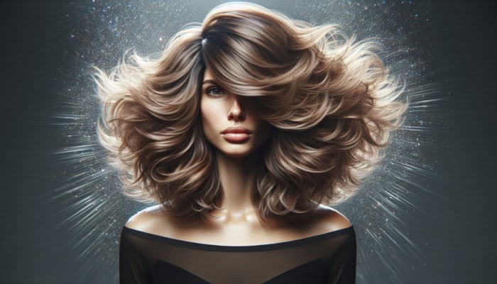 Medium Layered Haircuts: A woman with a medium layered haircut, displaying voluminous, bouncy, textured hair shimmering under light.