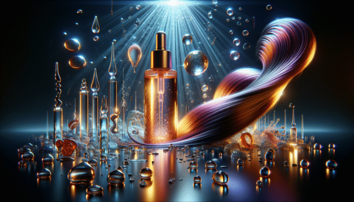 Vibrant hair serum bottle with hyaluronic acid, glycerin, and oils, showing hydrated, frizz-free hair strands.
