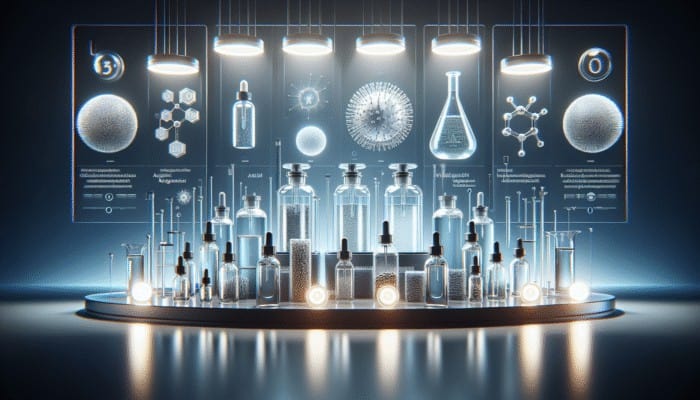 Bottles of hair serum ingredients like argan oil, keratin, and silicone in a modern lab.