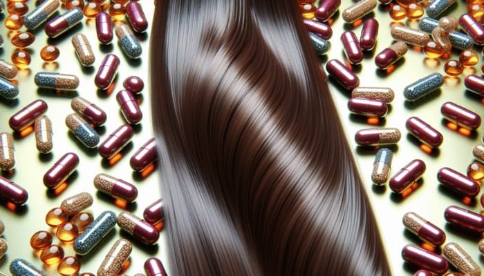 Vibrant hair treated with Vitamin E serum, showing reduced frizz and enhanced shine, with antioxidant capsules.