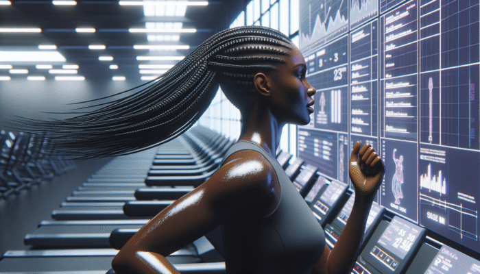 Woman with sleek braid running on treadmill, hair secured to minimize sweat and distractions.