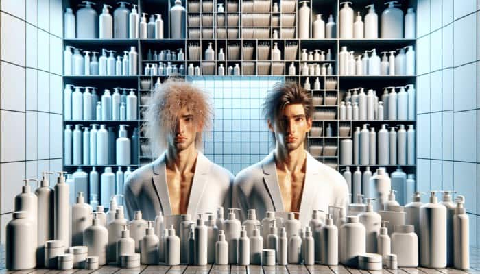 Person with dry hair from over-washing next to another with healthy hair from limited washing in a modern bathroom.