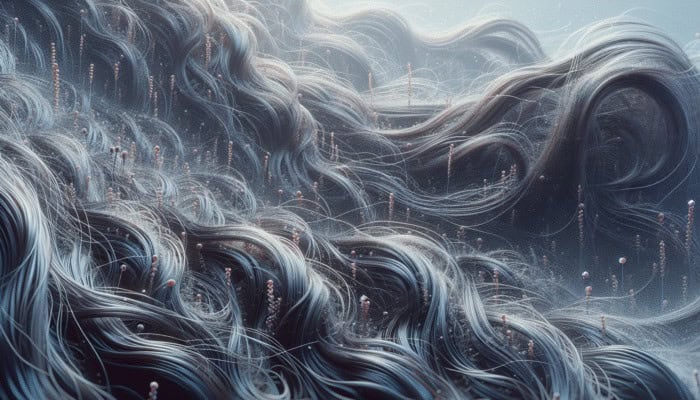 Hair strands swelling and frizzing in high humidity, showing raised cuticles and loss of wave definition.