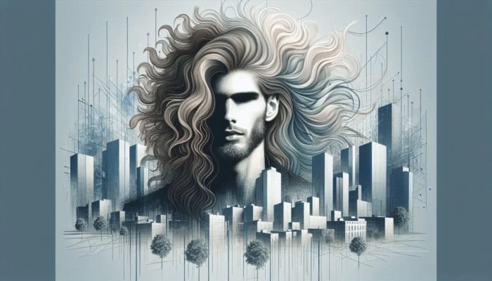 A stylish man with medium-long, layered hair, showcasing volume and texture against a modern urban backdrop.