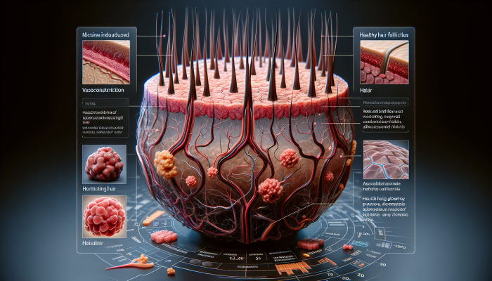 Cross-section of scalp showing nicotine-induced vasoconstriction and reduced blood flow to hair follicles, stunting growth.