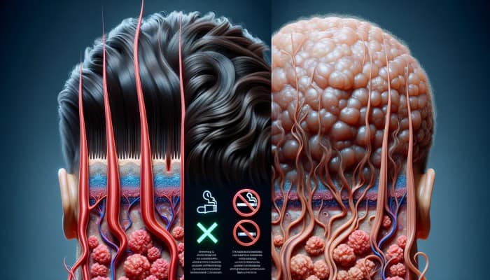 Illustration of healthy scalp with vibrant hair follicles versus smoking-damaged scalp with poor circulation.