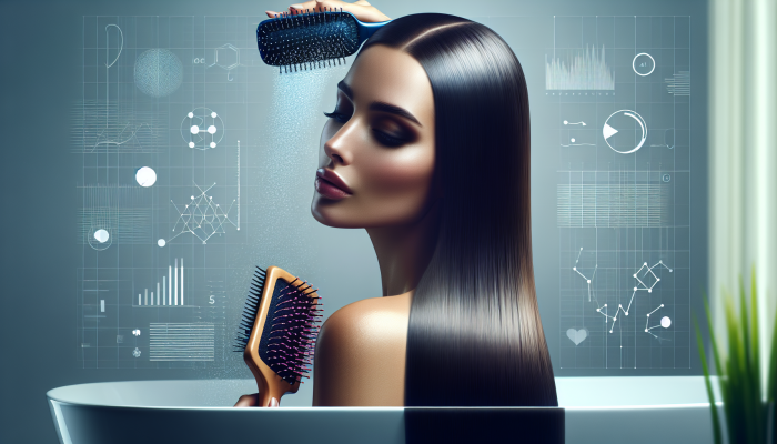 Right Hairbrush for Your Type: Woman using a paddle brush on straight hair in a modern bathroom, enhancing shine and smoothness.