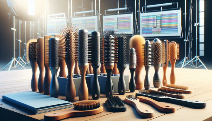 Variety of hairbrushes with wood, metal, plastic materials on a wooden table in a studio.