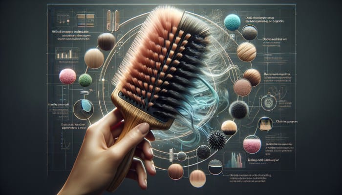 Mixed bristle brush detangling and distributing oils on diverse hair textures, promoting shine and adaptability.
