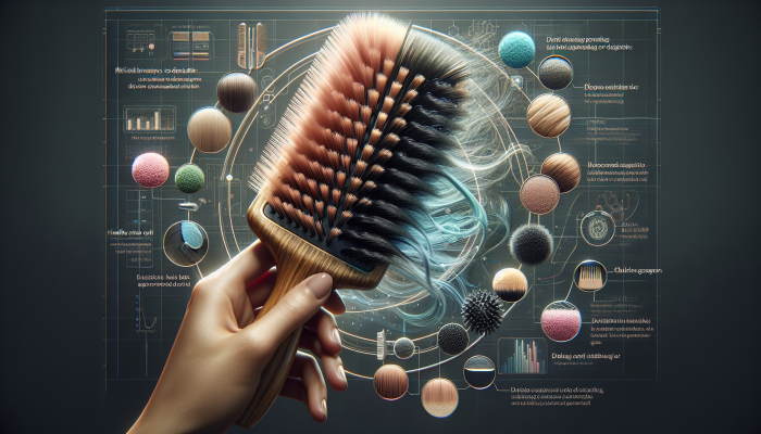 Mixed bristle brush detangling and distributing oils on diverse hair textures, promoting shine and adaptability.