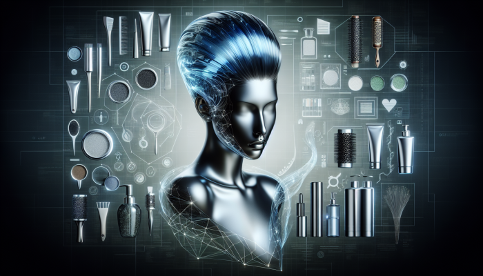 A woman with sleek, luminous glass hair, styled sophisticatedly, with high-end hair care products in the background.