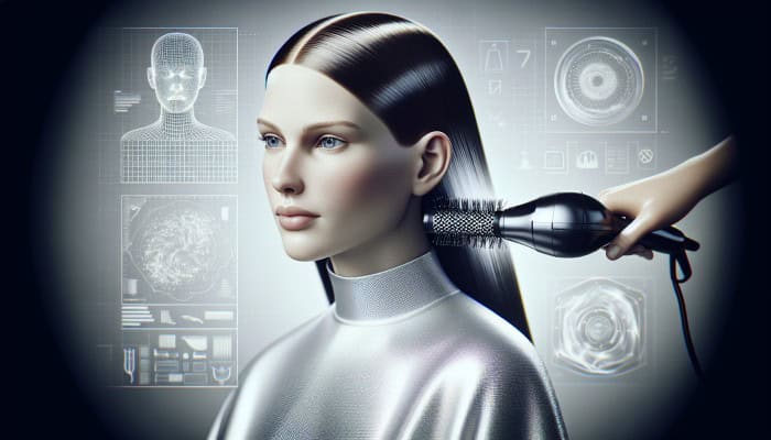Woman using round brush and blow dryer on low heat to achieve sleek, shiny glass hair look.