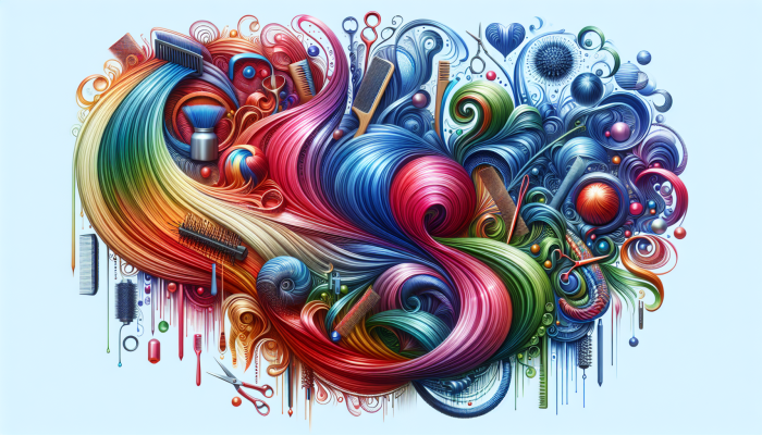 Vibrant abstract of innovative hair styling techniques with colorful, flowing hair and creative tools.