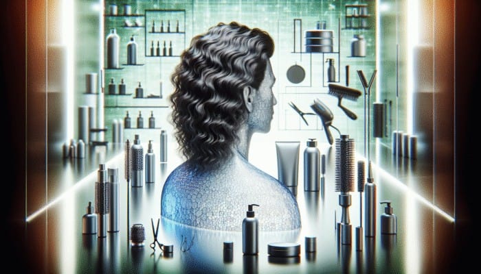 Person with wavy hair using products and tools for hair care in humid environment.