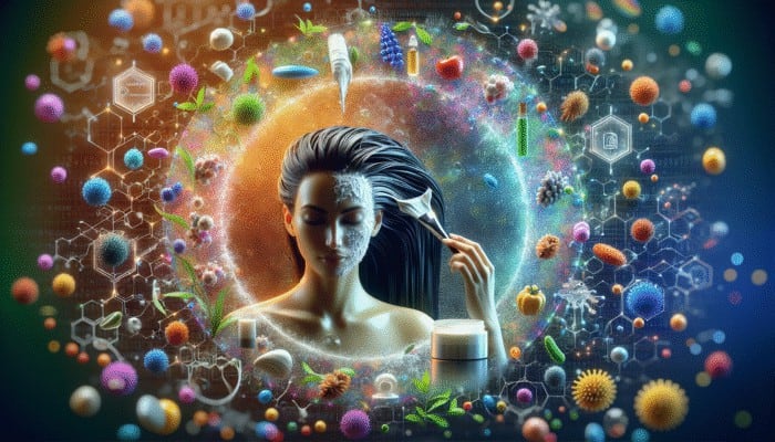 Woman applying hair mask in spa-like bathroom, surrounded by vibrant nutrients and moisture.