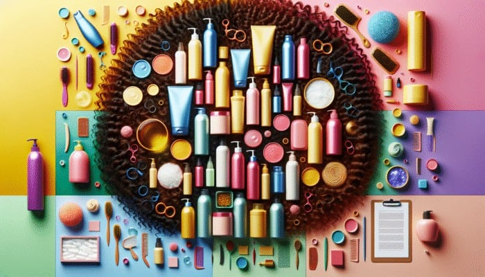 Curly hair care products like shampoos, conditioners, oils on a colorful background with curly hair strands.