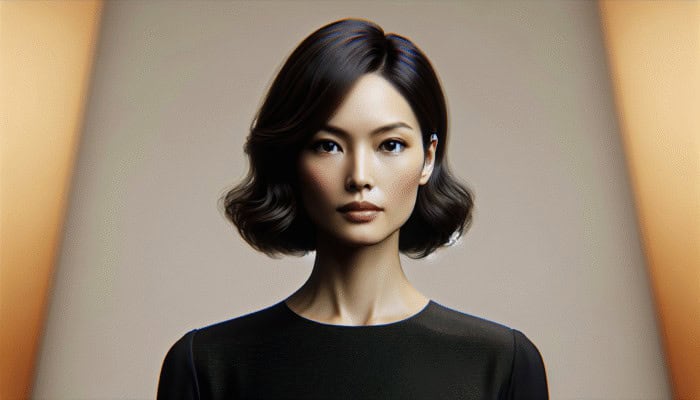 Elegant woman with a chic, timeless bob hairstyle, soft waves, in a classic black dress.