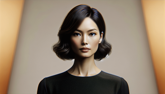Elegant woman with a chic, timeless bob hairstyle, soft waves, in a classic black dress.