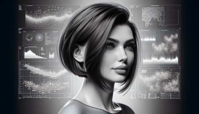 Woman over 50 with an inverted bob, sleek style with volume at roots, bold and edgy.