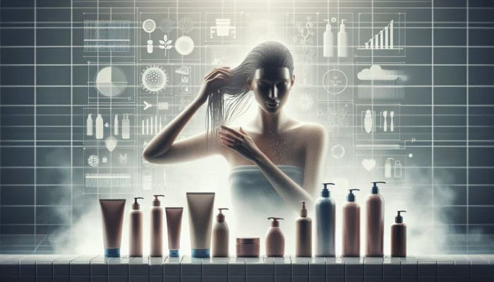 Woman applying conditioner to salon-treated hair, surrounded by moisturizing products in a luxurious bathroom.