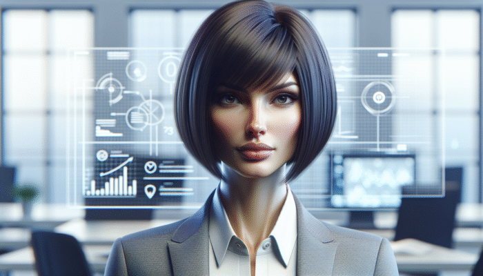 Shoulder Length Haircuts: Woman with a sharp, straight-across blunt bob, exuding confidence and sophistication.